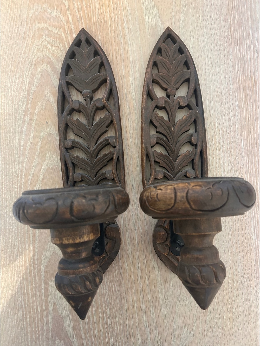 Pair Carved Wood Wall Candle Sconces Floral Gothic Old World Decor